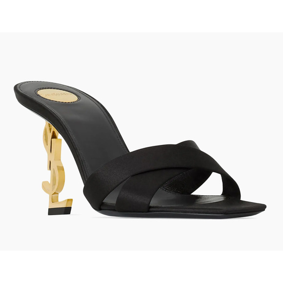 Saint Laurent Opyum 85 Sandal Black Satin Gold YSL Heel Backless Mule Pump 36.5 - Picture 7 of 16